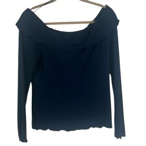 Chelsea & Violet Off-Shoulder Blue Long Sleeve Cropped Lettuce Hem Top SZ L NEW